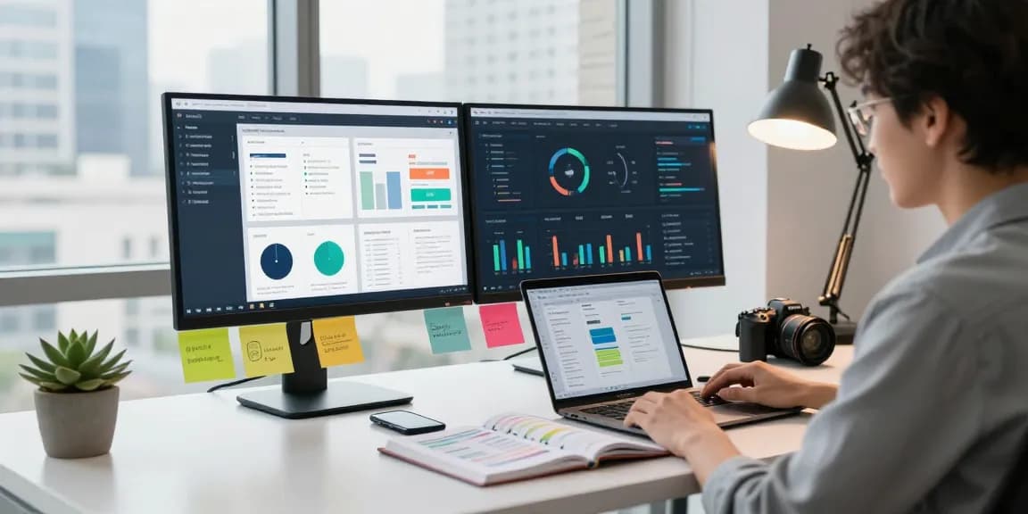 AI marketing tools enhancing digital strategies in a modern workspace with analytics dashboards and creative planning.