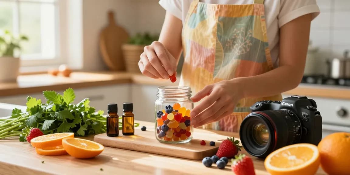 Preparation of gummies at www.behappygoleafy.com/gummies with fresh fruits and herbs