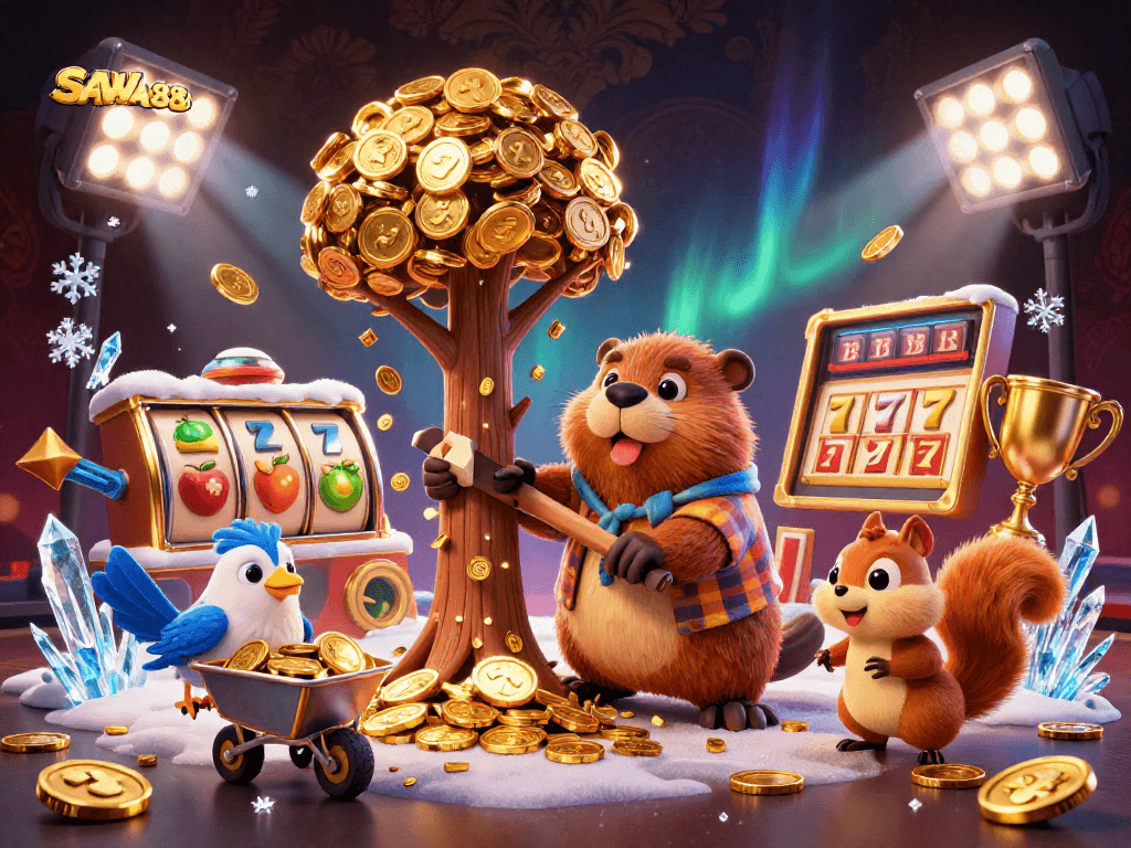 Experience SAWA888's vibrant gaming with a cartoon beaver and friends amidst gold and slot elements.