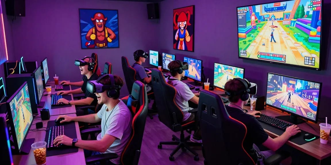 Exciting gaming scene with players enjoying engaging porngame experiences, modern gaming setup, and vibrant atmosphere.