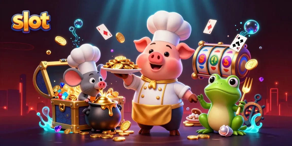 Engage with exciting slot games as a pig chef serves gold coins, surrounded by slot reels and treasures.