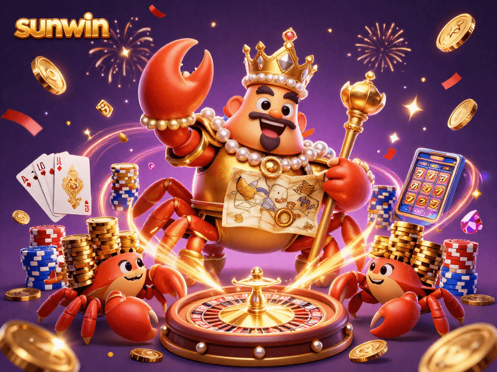 Experience sunwin's exhilarating casino adventure with a golden crab emperor amidst vibrant game elements.