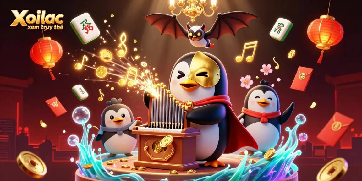 Xoilac xem trực tiếp showcases elegant game elements, with a stunning phantom penguin in vibrant casino action.