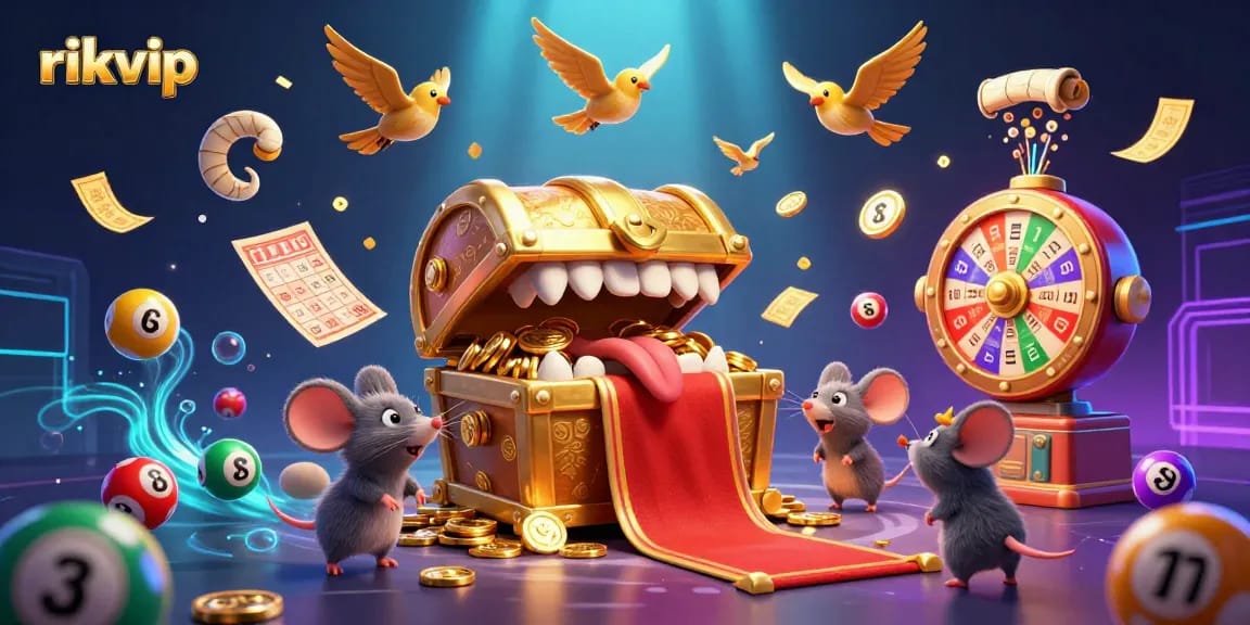 Engage with the rikvip lottery experience, as vibrant numbered balls and golden treasures collide in a dynamic casino scene.