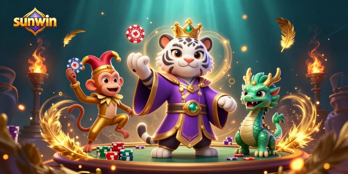 Play games and win with sunwin, featuring vibrant casino characters in dynamic action.