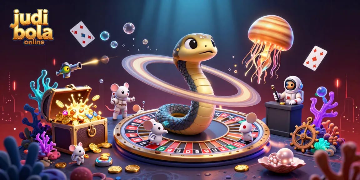 Place bets on judi bola online with engaging 3D illustration showcasing cosmic and underwater elements.