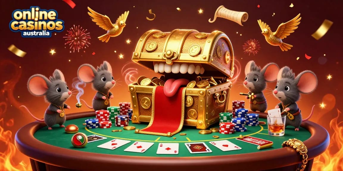 Engaging scene with a treasure chest luring mice, showcasing online casinos Australia excitement and poker elements.