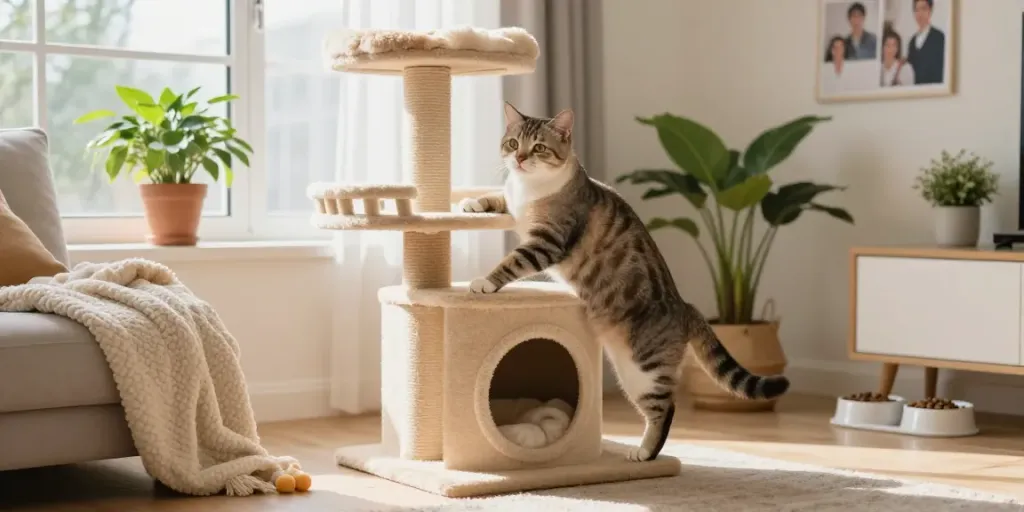 Playful cat on a stylish cat tower in a warm home setting.