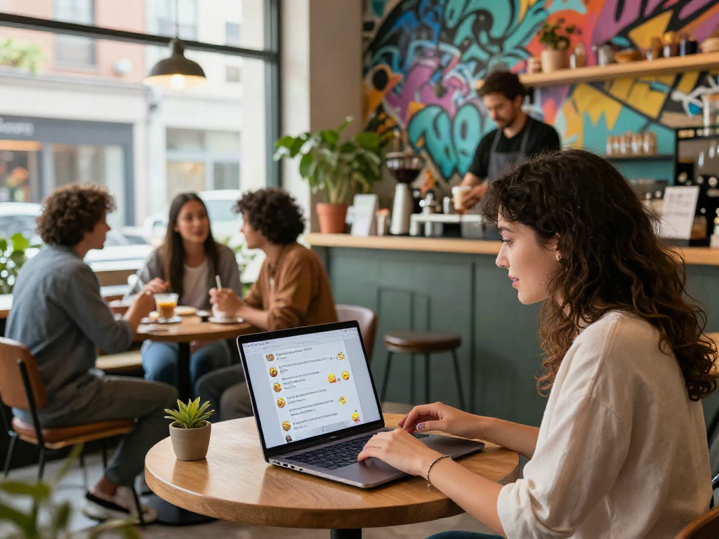 Engaging ai sex chat experience in a vibrant café setting, showcasing social interaction and technology.
