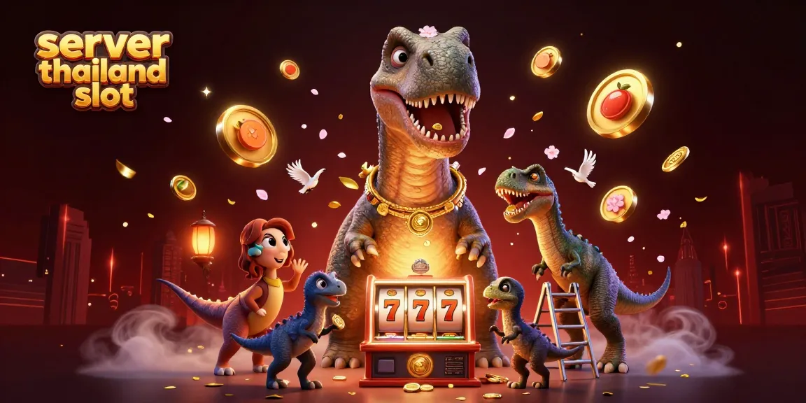 Spin to win with server thailand slot as a brontosaurus and raptor create a lively casino scene.