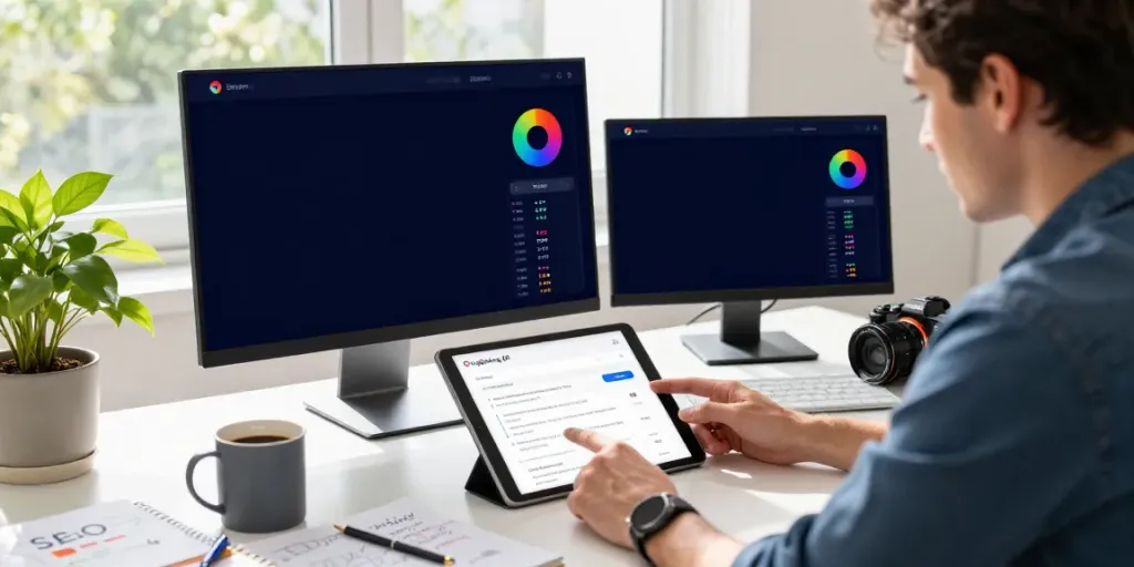 Professional analyzing instant indexing metrics in a modern digital marketing workspace.