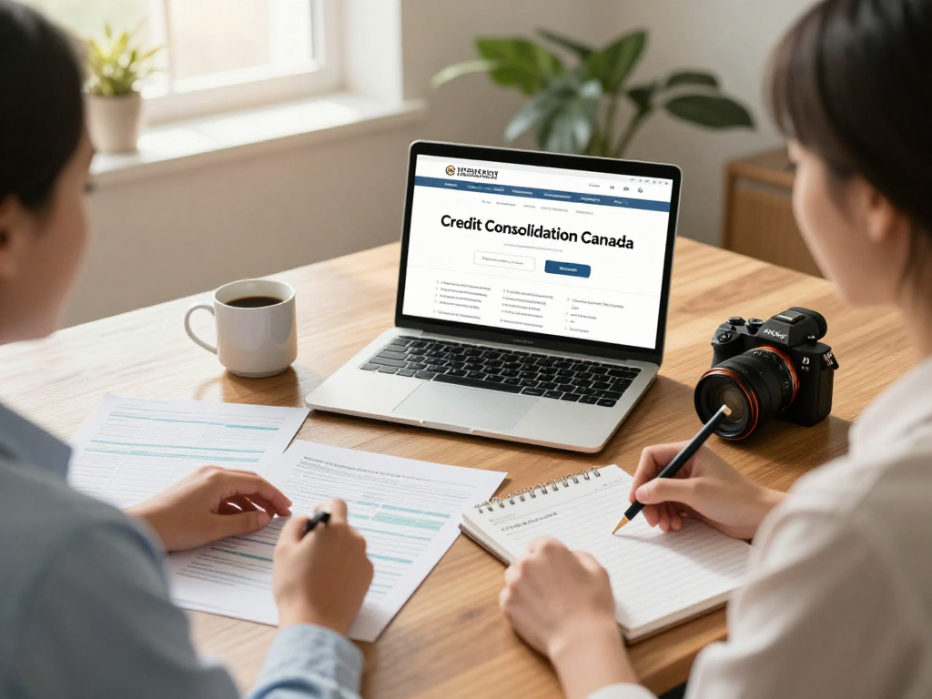 Financial counselor session on https://credit-consolidation.ca/ guiding clients through credit consolidation options, warm and inviting atmosphere.