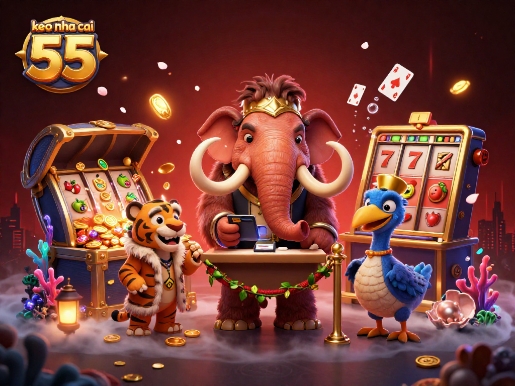Experience thrills with keo nha cai 55 at an illustrated casino featuring vibrant characters and games.