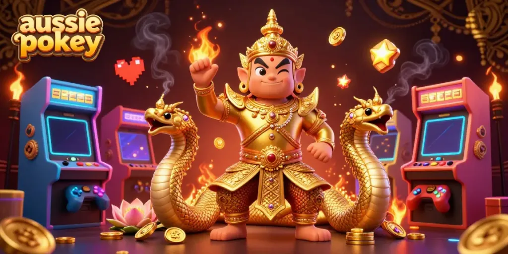 Aussie pokies scene showcasing vibrant gaming elements and a friendly yaksha guardian.