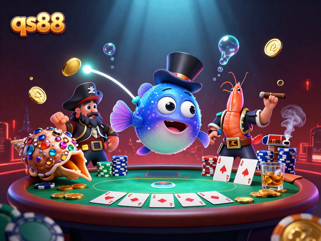 qs88 showcases a vibrant 3D anglerfish and pirate shrimp in a casino scene, drawing in golden coins