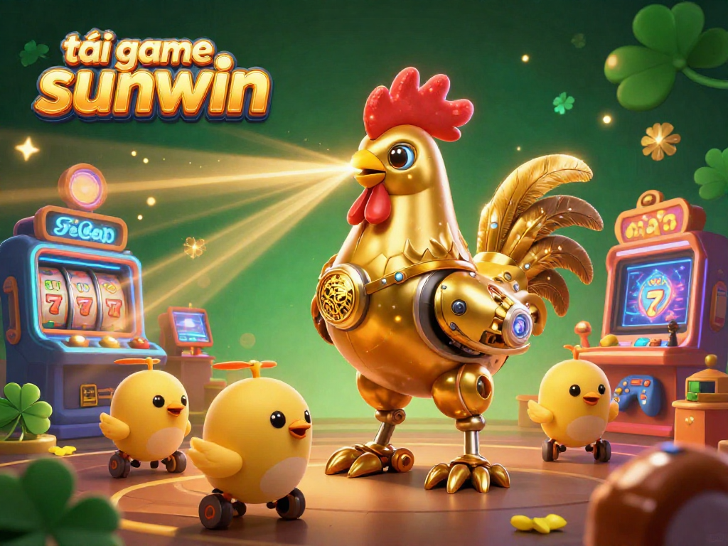 Play the exciting game tải game sunwin with a vibrant retro-futuristic rooster robot amidst a lively casino scene.