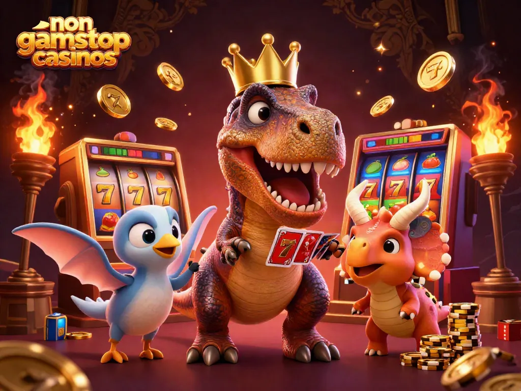 Engaging scene of non gamstop casinos with a friendly T-Rex shuffling cards and a baby triceratops stacking chips