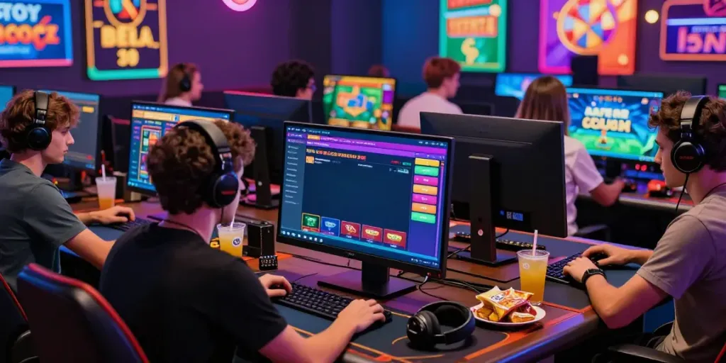 Explore thrilling online gaming at https://tx88bet.vip/ with diverse players enjoying slots and poker in a vibrant digital setting.