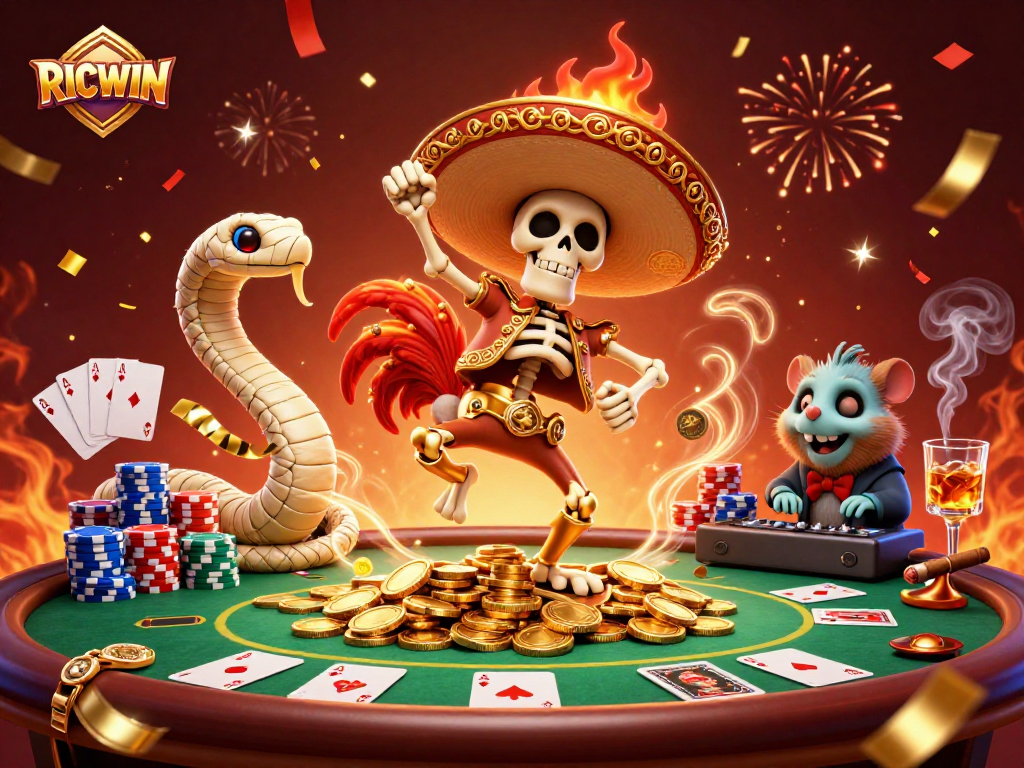 Celebrate big wins with RICWIN in this vibrant casino-themed illustration featuring playful characters.
