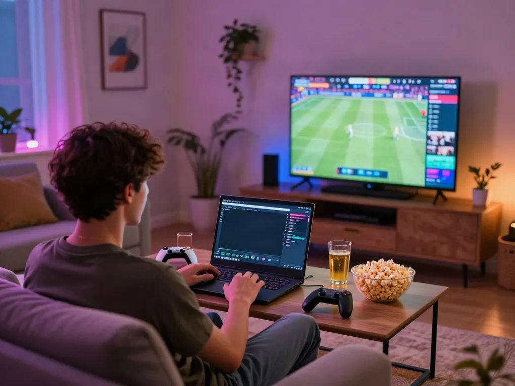Online gaming with DEBET interface on laptop in a cozy living room scene.