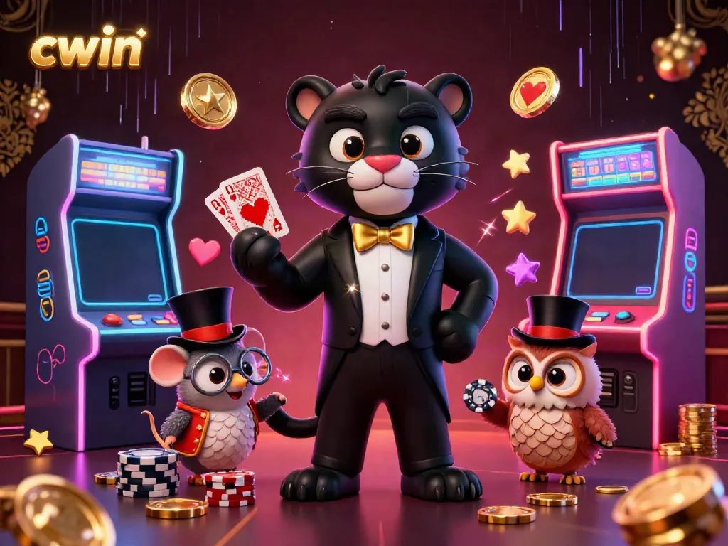 Engage in thrilling gameplay at CWIN, showcasing a stylish panther dealer and lucky characters amidst vibrant casino elements.