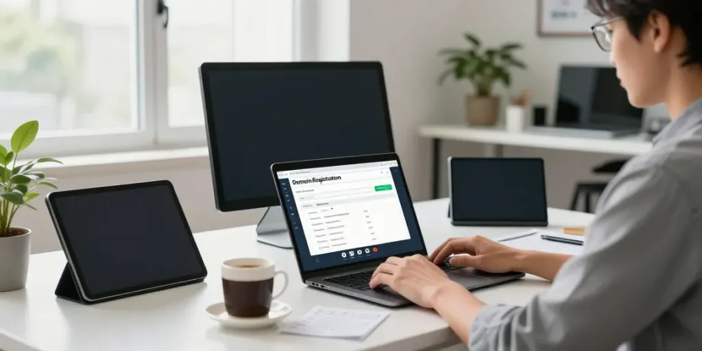 Engaging workspace for buying a .uk domain with tech gadgets and bright atmosphere.