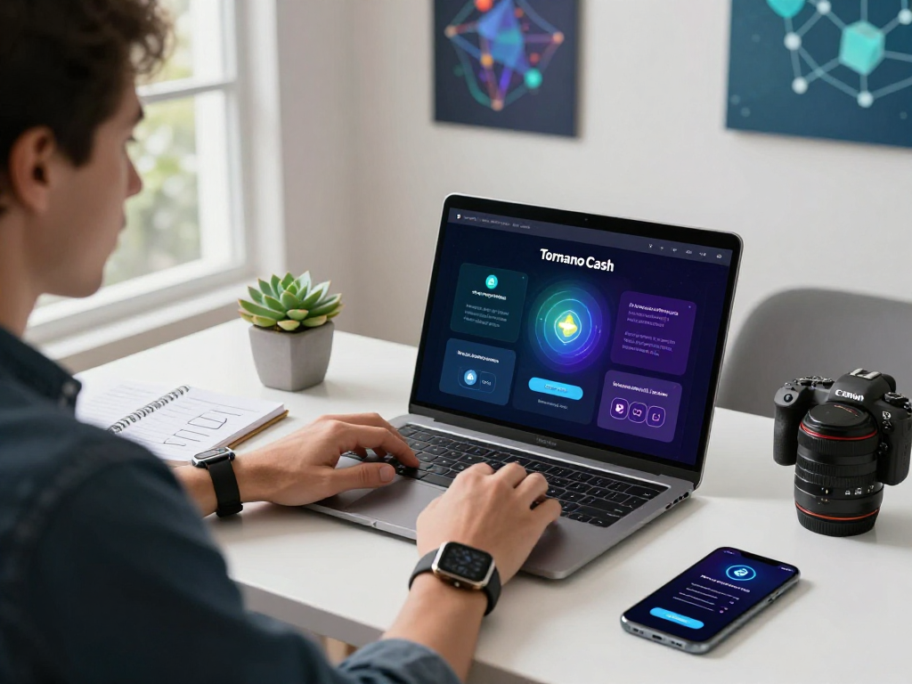 User interacting with Tornado Cash on a laptop, demonstrating decentralized finance workspace and privacy protocols.