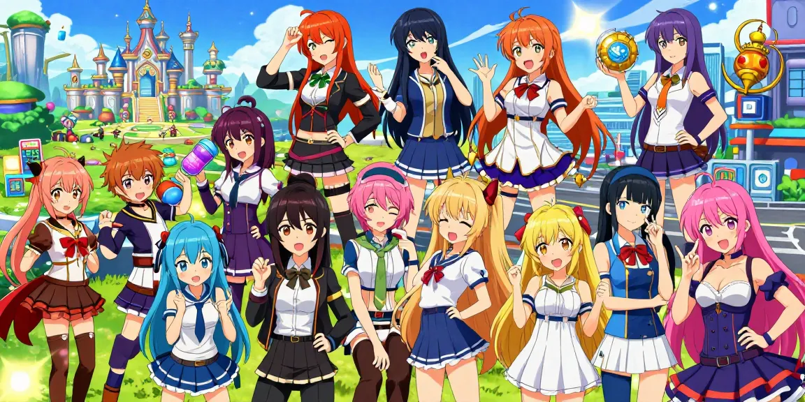 Characters from ecchi games interacting in dynamic, colorful gaming environments with playful themes.