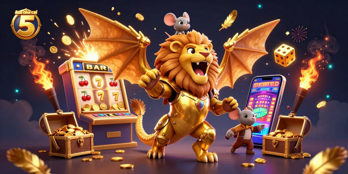 Engage with keo nha cai 5 through a vibrant casino scene featuring a chimera and thrilling jackpot symbols.