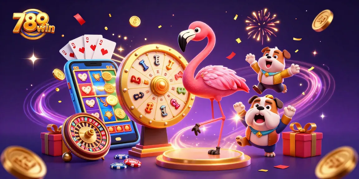 Engage with 789win's thrilling 3D gaming scene featuring a vibrant prize wheel and lively characters.