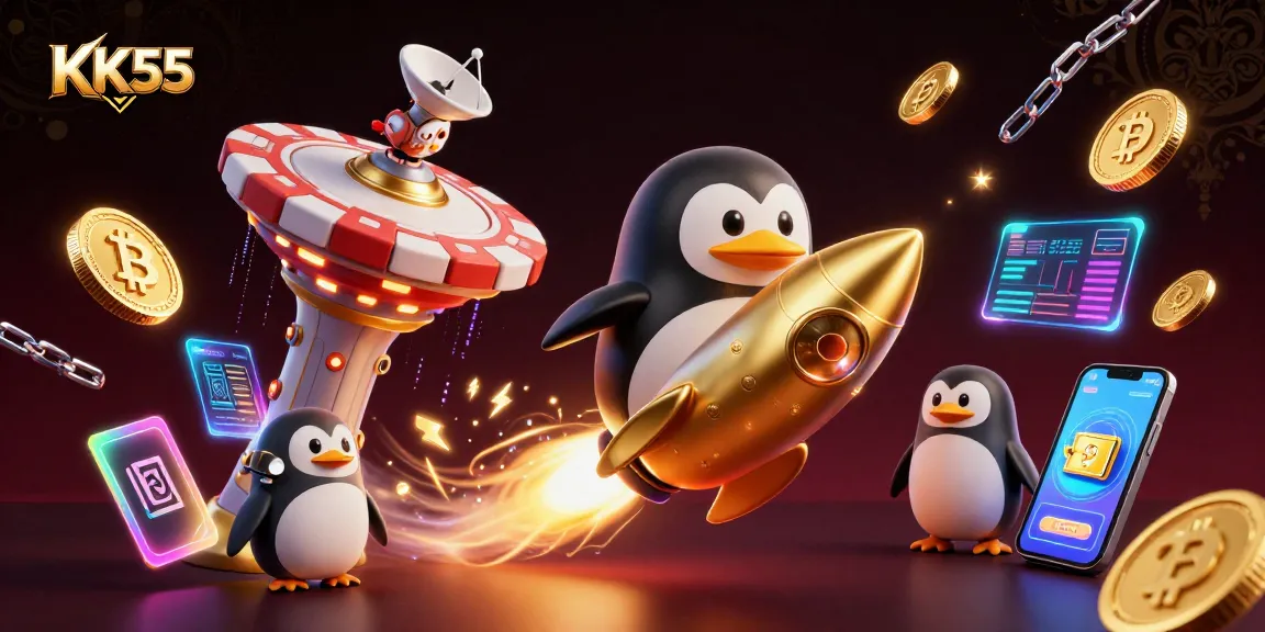 Experience thrilling gameplay at KK55 with a cartoon penguin exploring a casino in space.