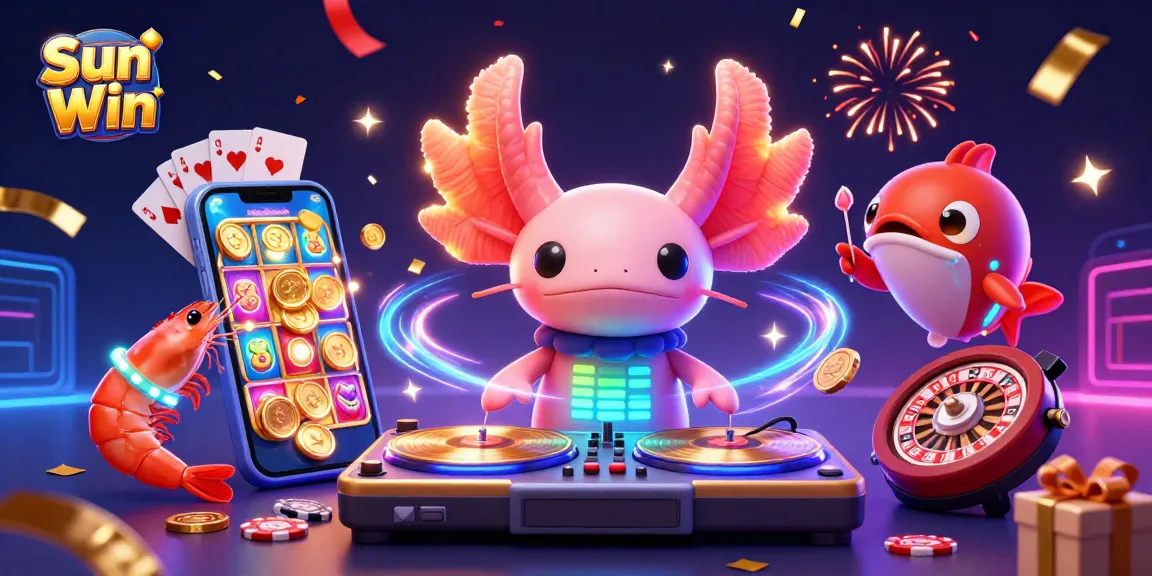 Experience the excitement of Sun Win with a vibrant 3D casino scene featuring colorful games and characters.