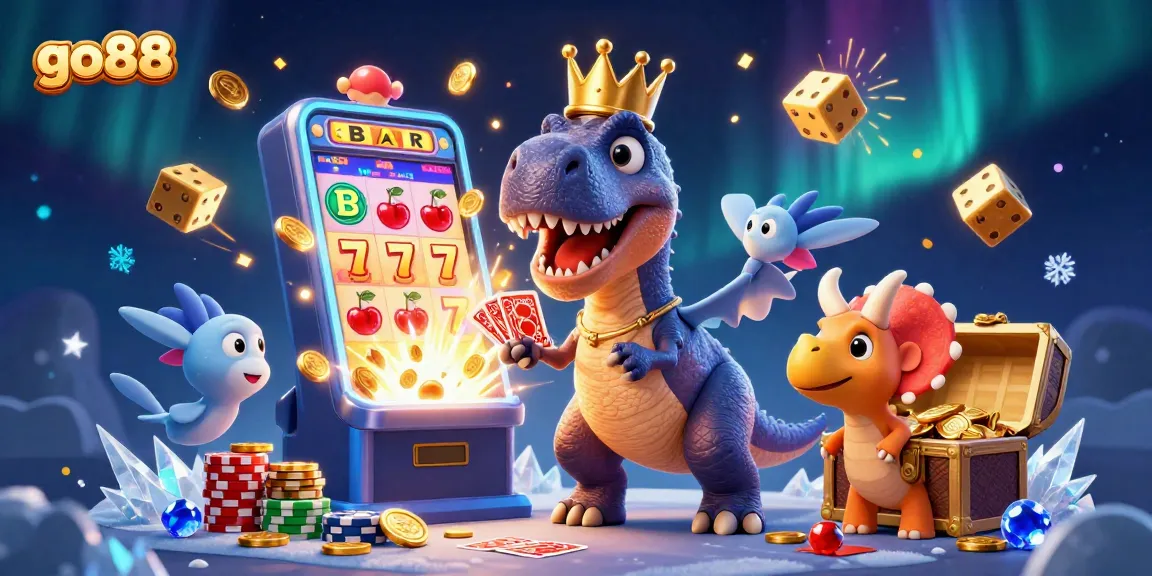 Experience the excitement of go88 with T-Rex and friends in a vibrant, jackpot-filled casino scene.