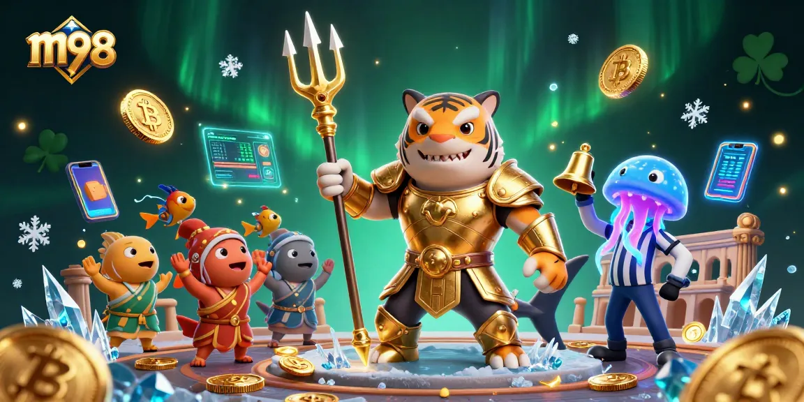 Engage in thrilling m98 gameplay with a gladiator shark amidst vibrant crypto elements, energizing the casino experience.